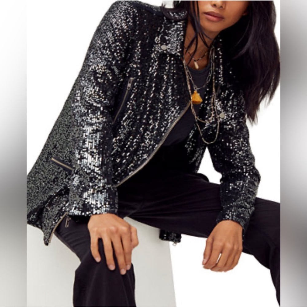 Free People Midnight Message Sequin Moto Jacket in Black. Sz S NWT!
